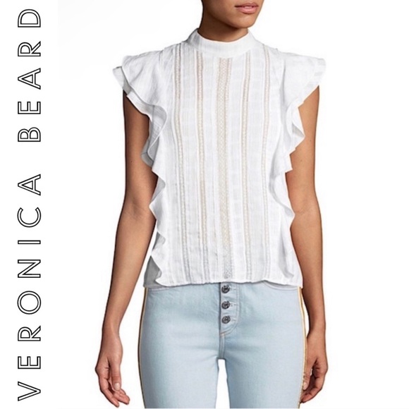 Veronica Beard Sol Lace Inset Ruffle Sleeveless Lace Crochet White Top Blouse 2 - Picture 5 of 16